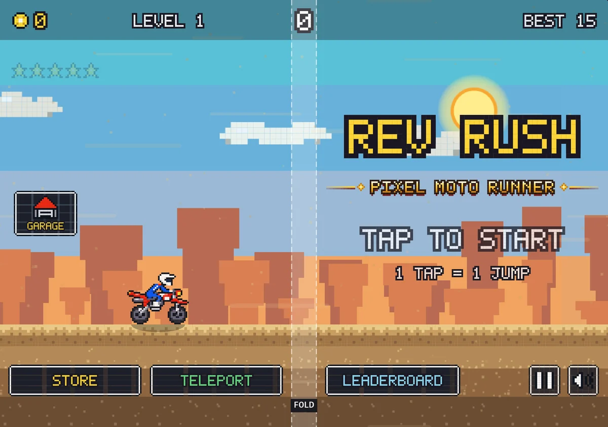Rev Rush on a half-open iPhone Duo held like a book: the title on the right page, the menu split around the fold.