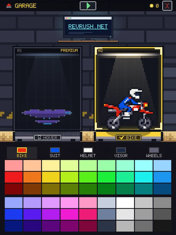 The Rev Rush garage in portrait on a 13-inch iPad, with three steel colours next to the greys.