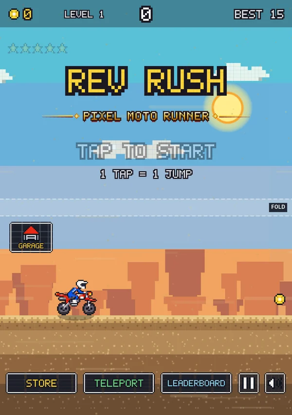 Rev Rush on a half-open iPhone Duo stood like a laptop: the title above the fold, the menu below it.