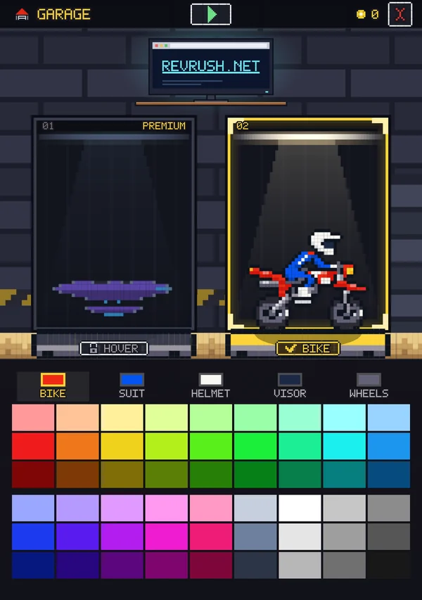 The Rev Rush garage in portrait on an open iPhone Duo, with a computer showing revrush.net above the two bays.