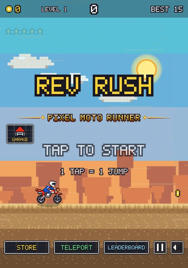 Rev Rush title screen in portrait on an open iPhone Duo.